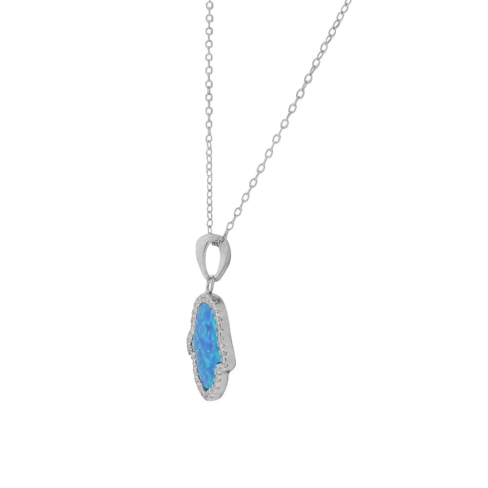 925 Sterling Silver Green Blue Simulated Opal CZ Hamsa Good Luck Pendant Necklace