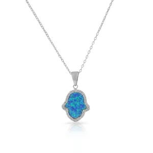 925 Sterling Silver Green Blue Simulated Opal CZ Hamsa Good Luck Pendant Necklace