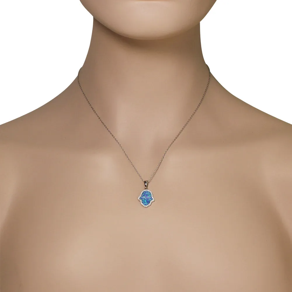 925 Sterling Silver Green Blue Simulated Opal CZ Hamsa Good Luck Pendant Necklace