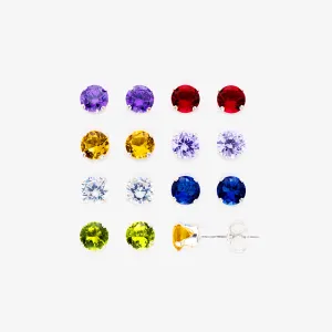 925 Sterling Silver Multicolor CZ Round Stud Earrings - 7 Pairs Set