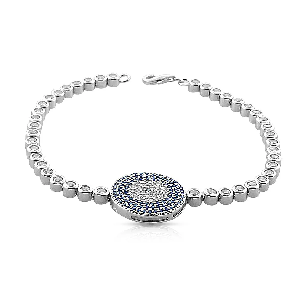 925 Sterling Silver White Blue Bezel-Set CZ Evil Eye Womens Tennis-Bracelet