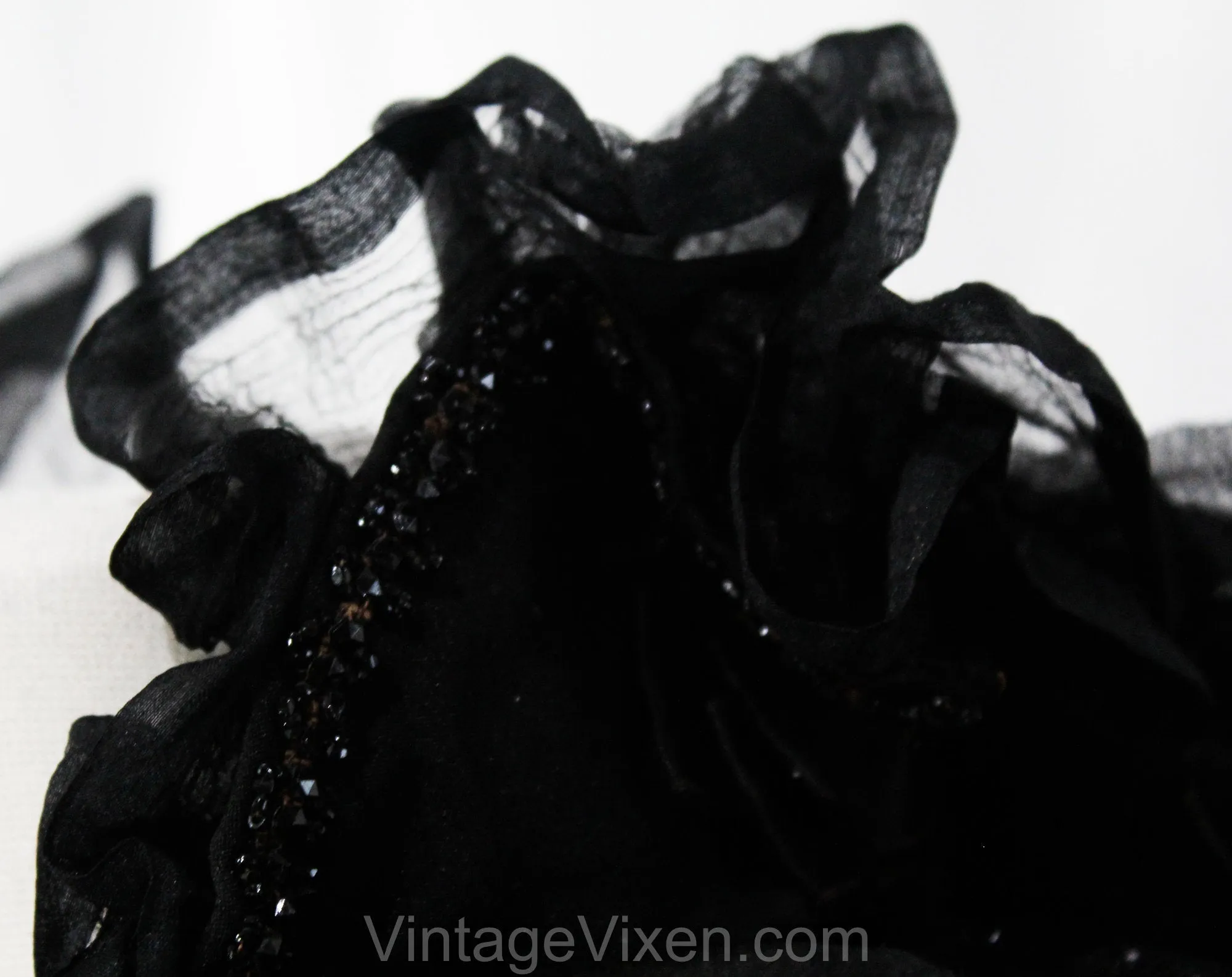 Authentic Victorian Cape - Antique 1890s Black Silk Capelet with Jet Beading, Sequins, and Chiffon Ruffles - 1900s Edwardian - Neck 16