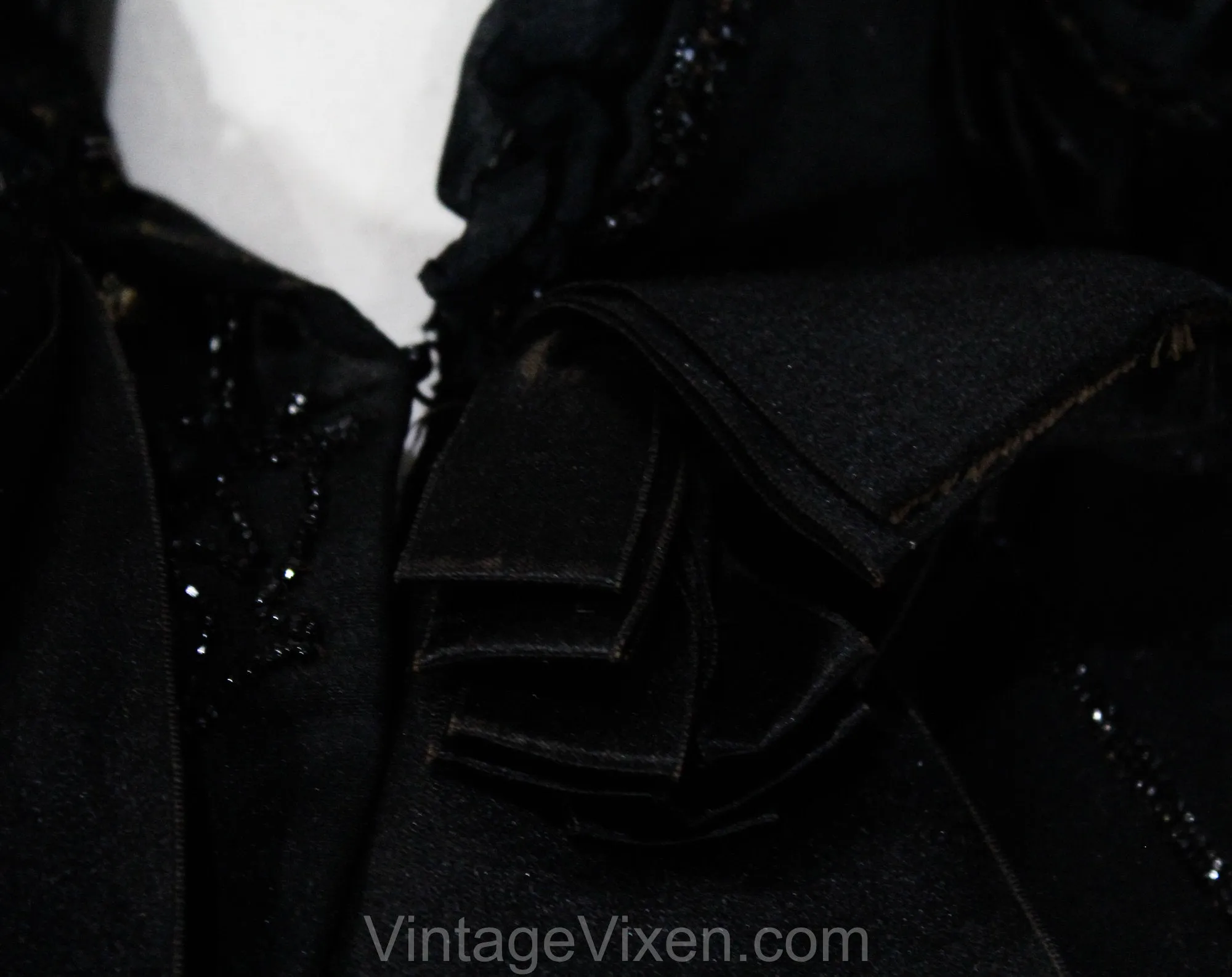 Authentic Victorian Cape - Antique 1890s Black Silk Capelet with Jet Beading, Sequins, and Chiffon Ruffles - 1900s Edwardian - Neck 16