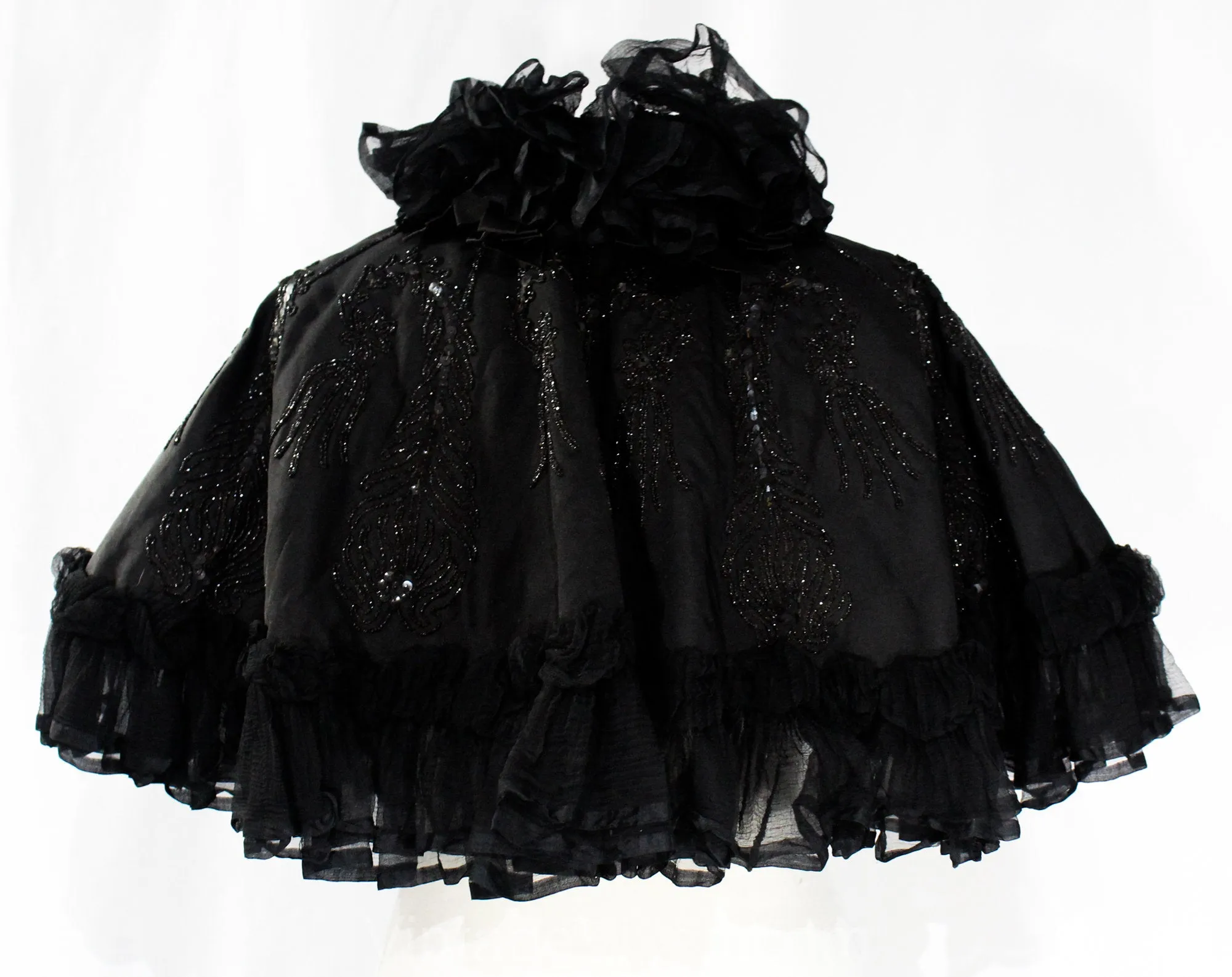 Authentic Victorian Cape - Antique 1890s Black Silk Capelet with Jet Beading, Sequins, and Chiffon Ruffles - 1900s Edwardian - Neck 16