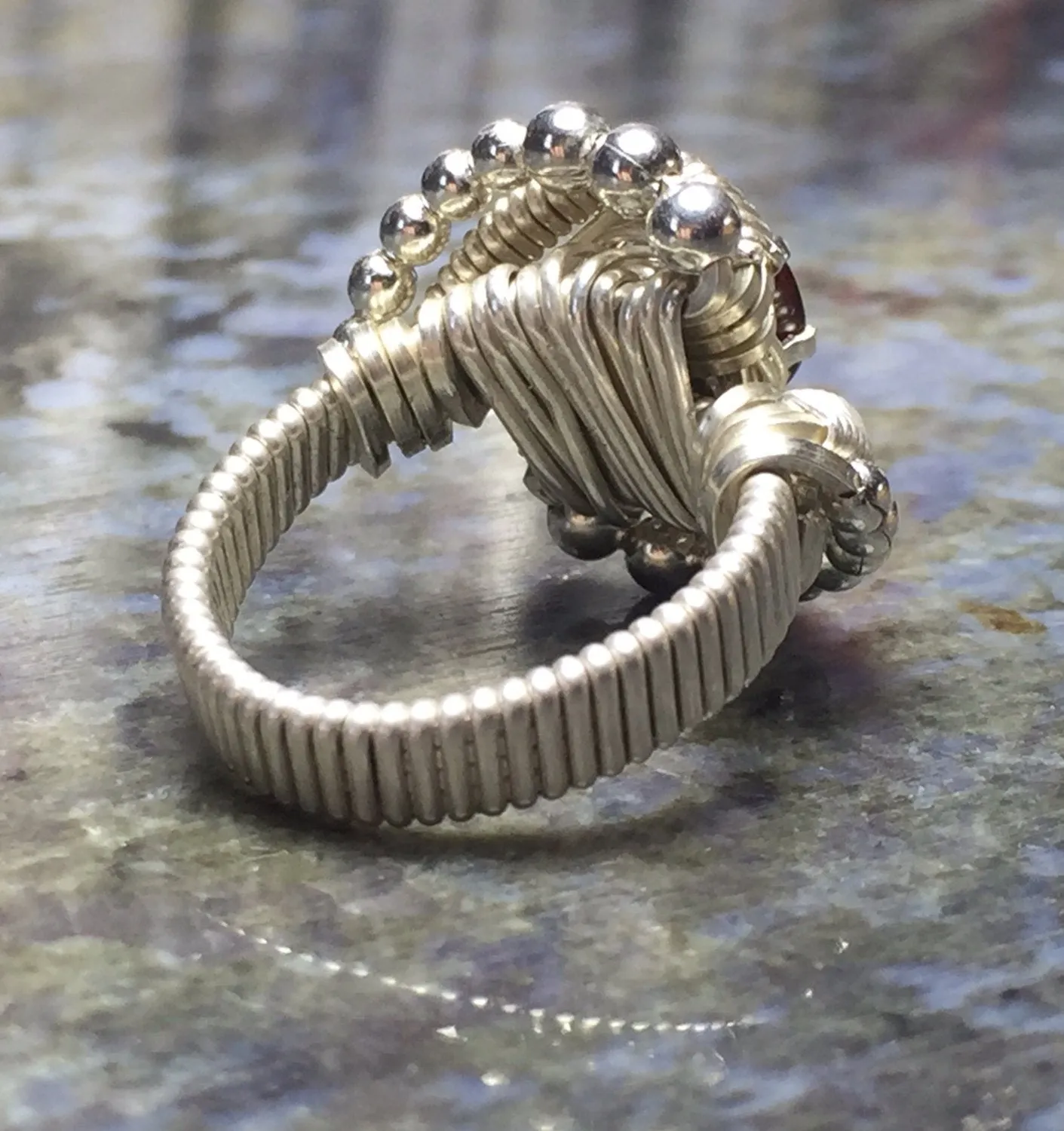 Beaded Wire Wrapped Almandine Garnet Ring Oval Gemstone