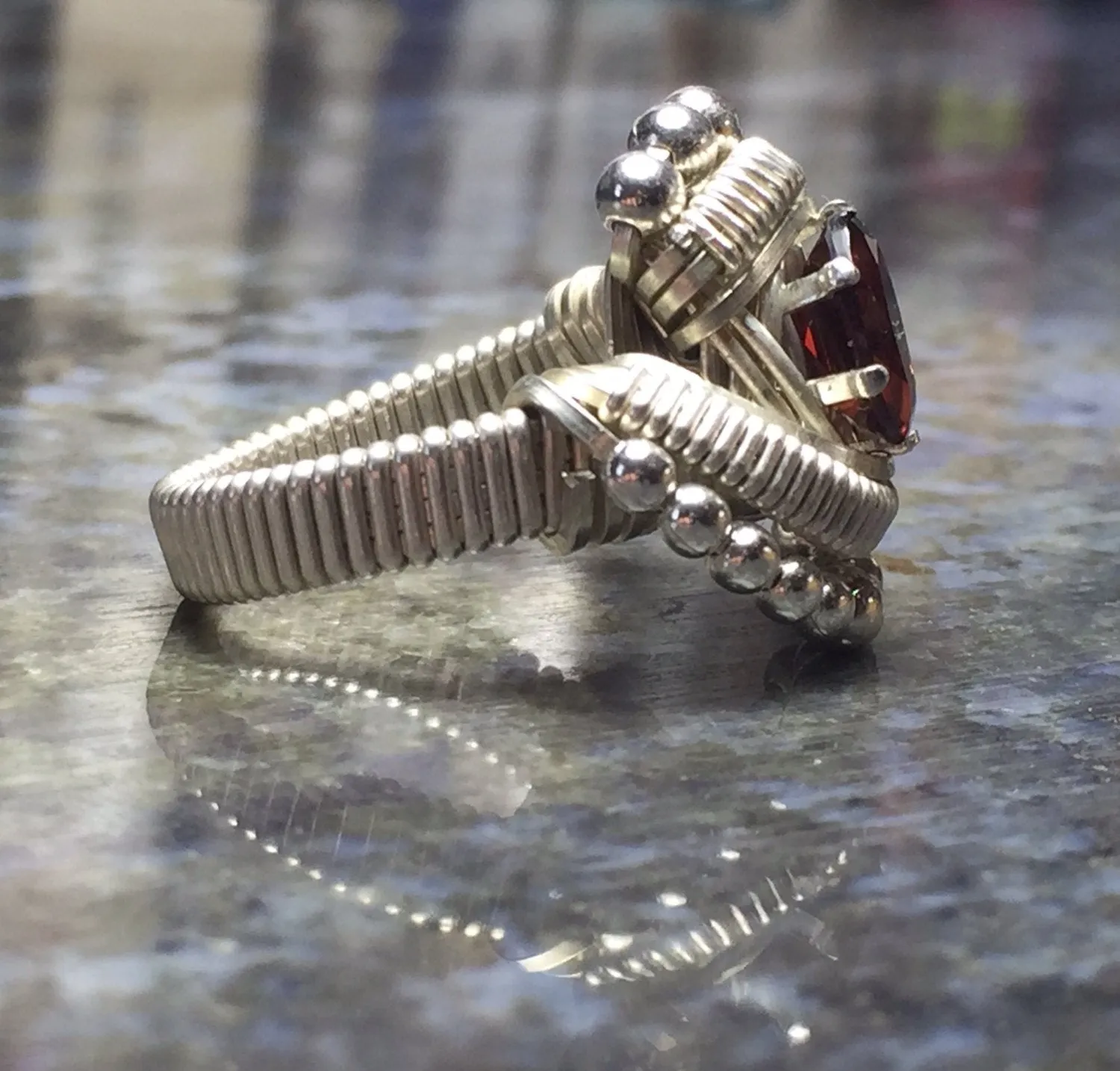 Beaded Wire Wrapped Almandine Garnet Ring Oval Gemstone