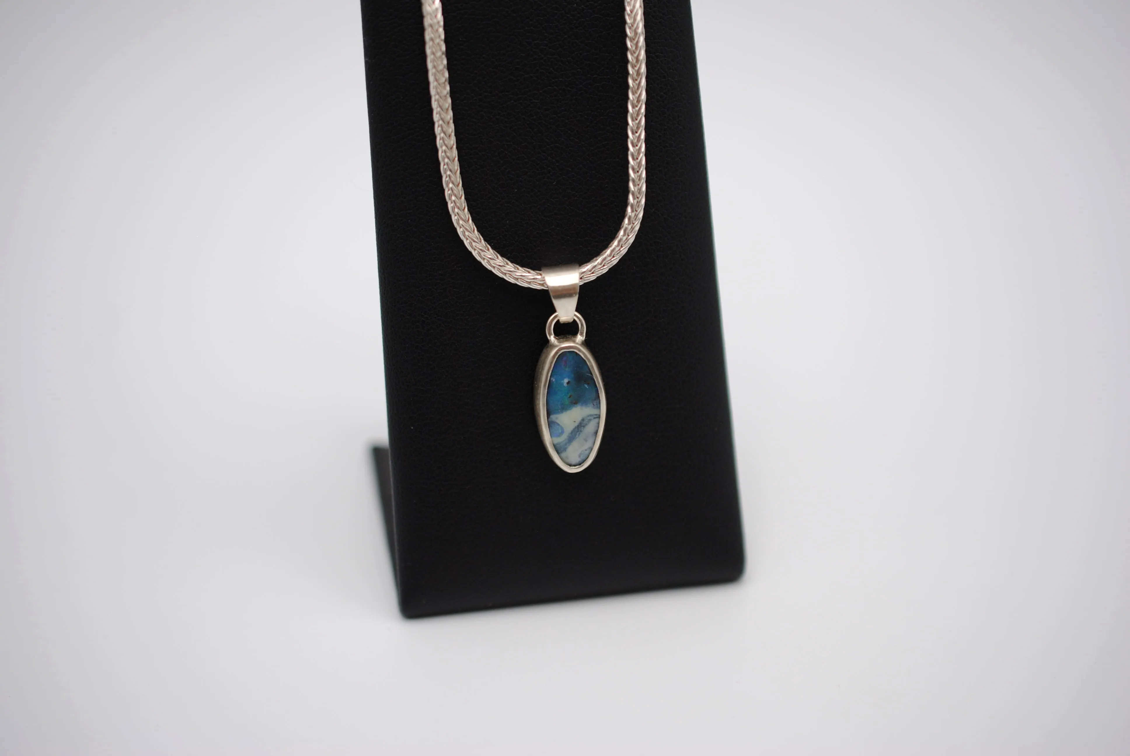 Boulder Opal Necklace: Cabachon, Silver Bezel, Foxtail Chain