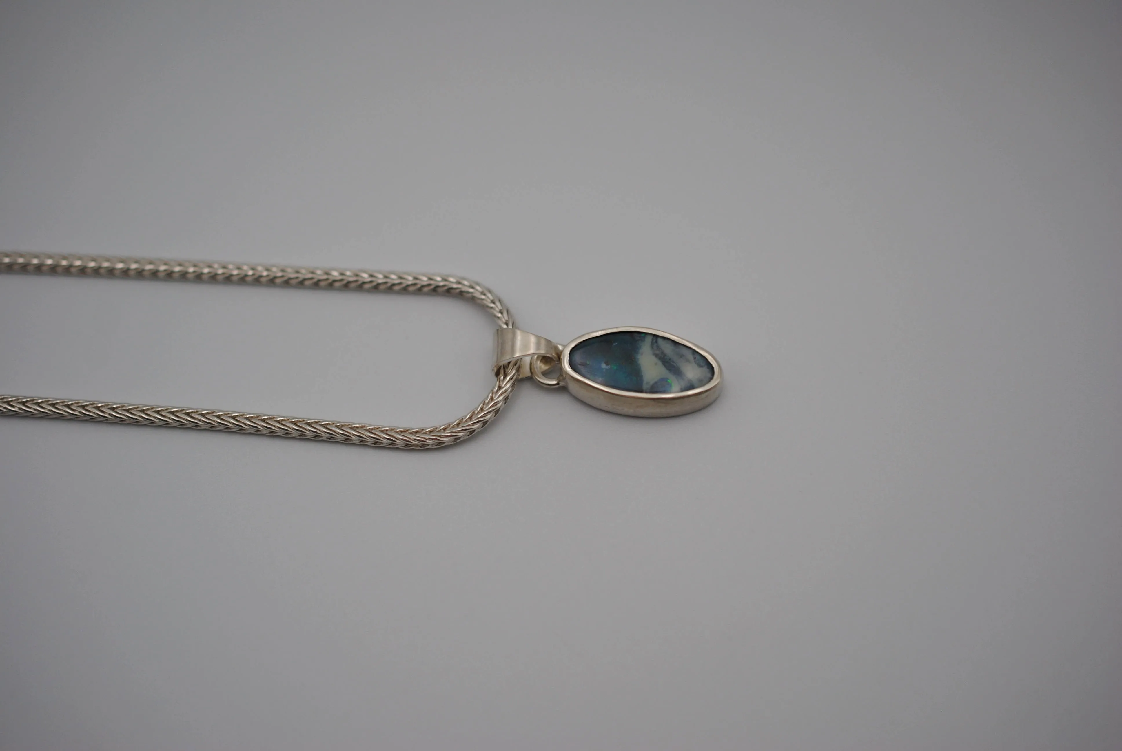 Boulder Opal Necklace: Cabachon, Silver Bezel, Foxtail Chain