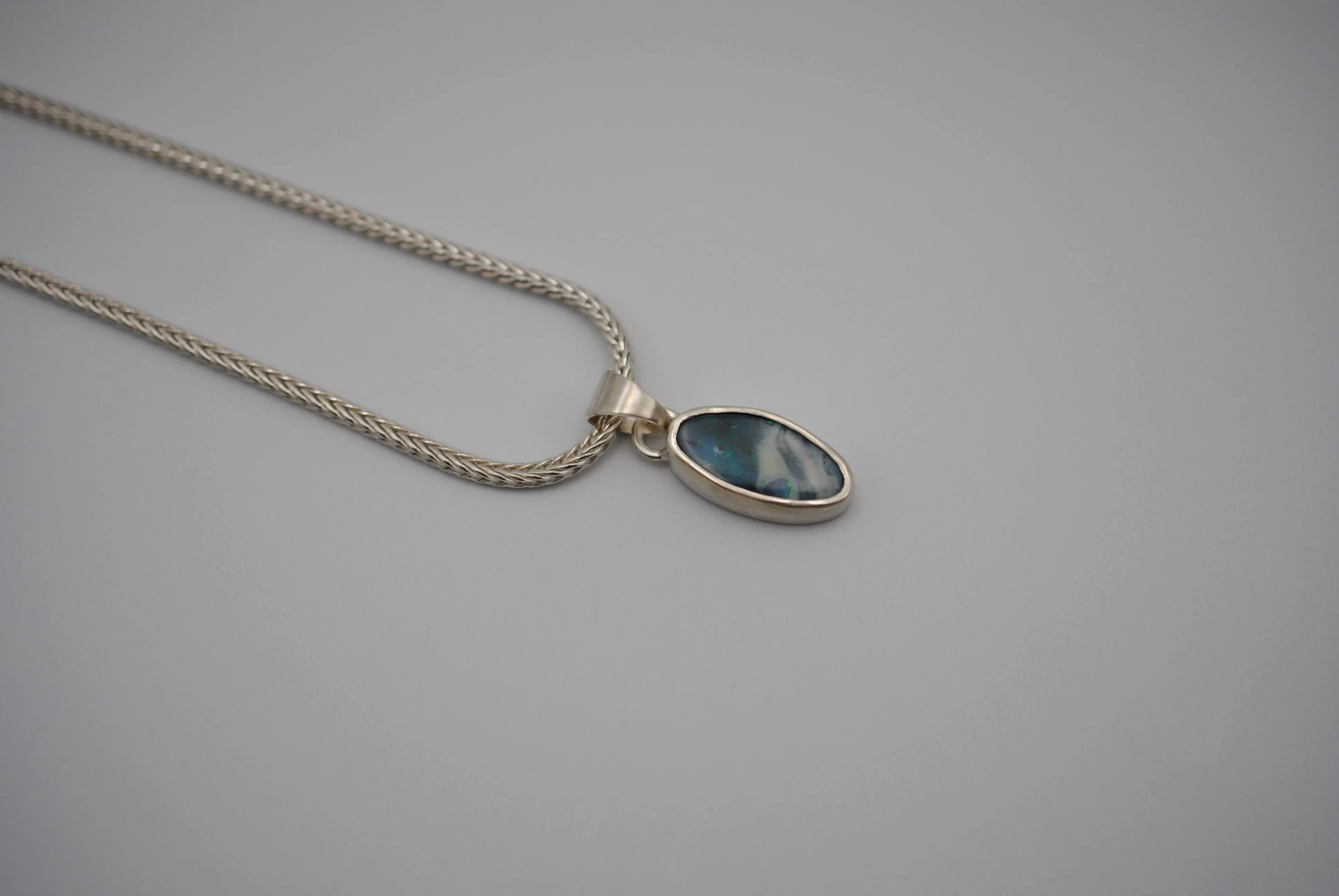 Boulder Opal Necklace: Cabachon, Silver Bezel, Foxtail Chain