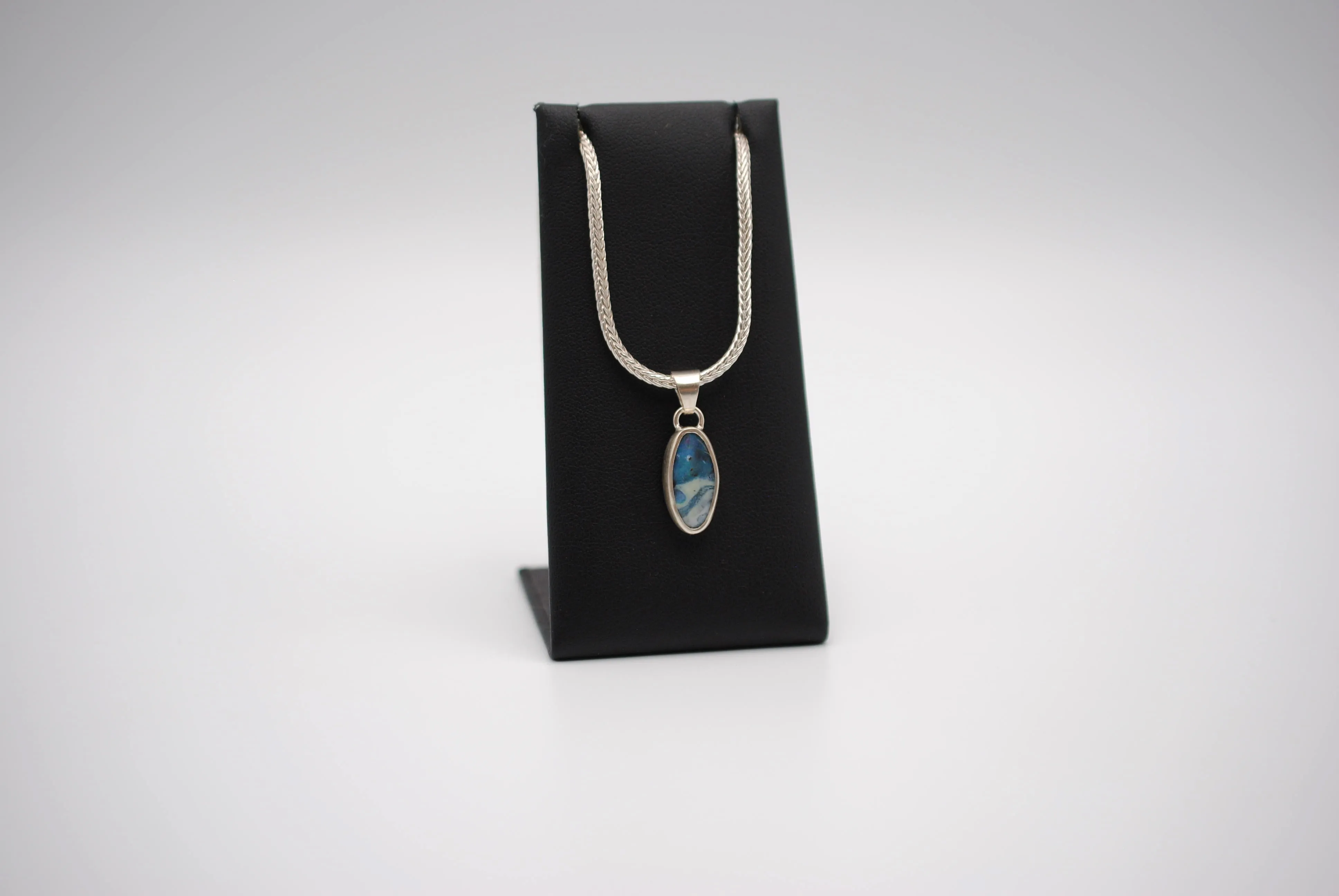 Boulder Opal Necklace: Cabachon, Silver Bezel, Foxtail Chain
