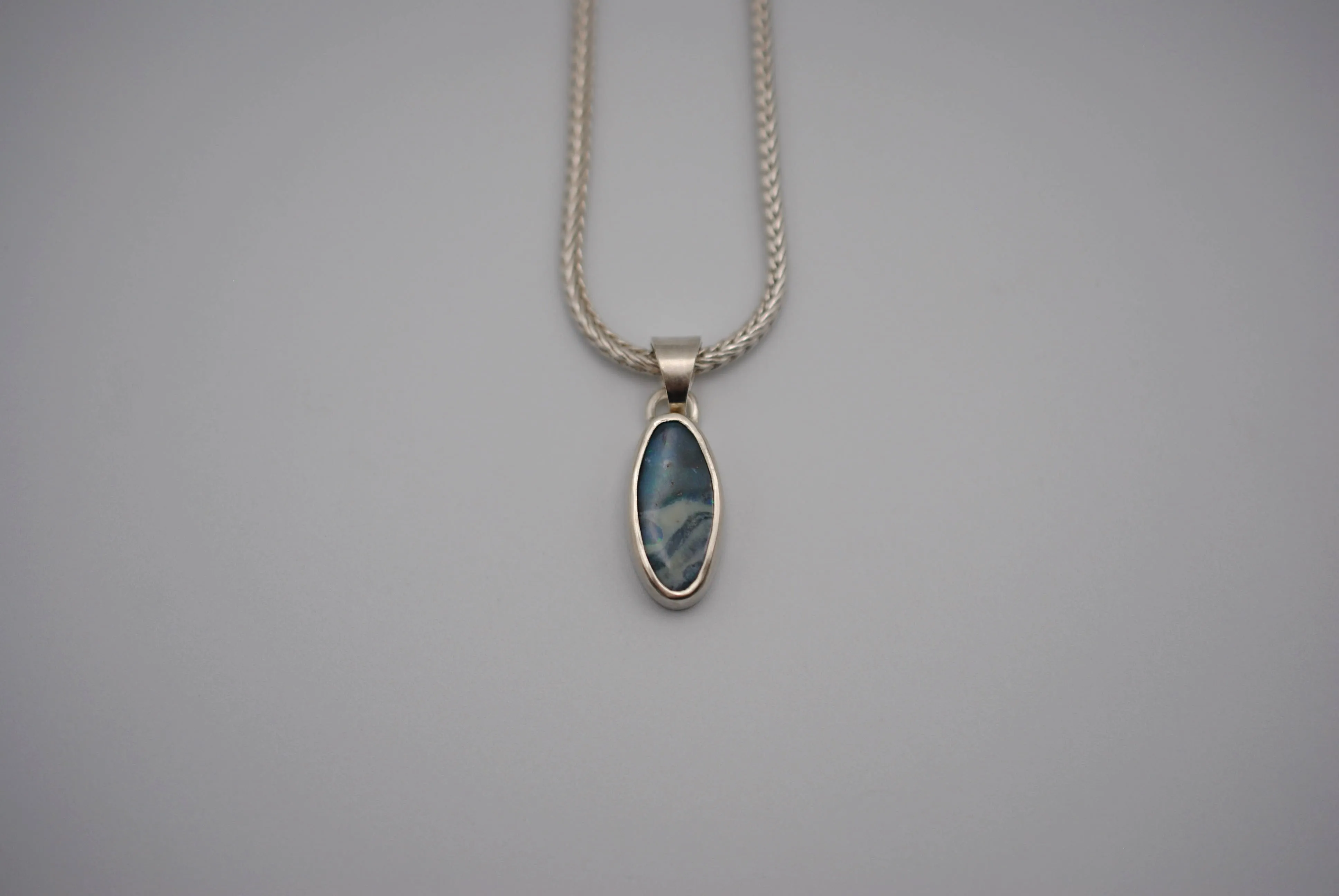 Boulder Opal Necklace: Cabachon, Silver Bezel, Foxtail Chain