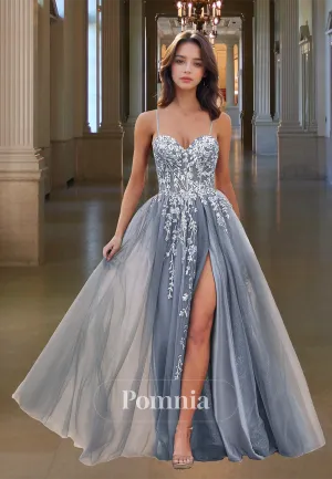Chic A-Line Spaghetti Straps Sweetheart Prom Dress with Slit Floral Appliques Evening Party Dress