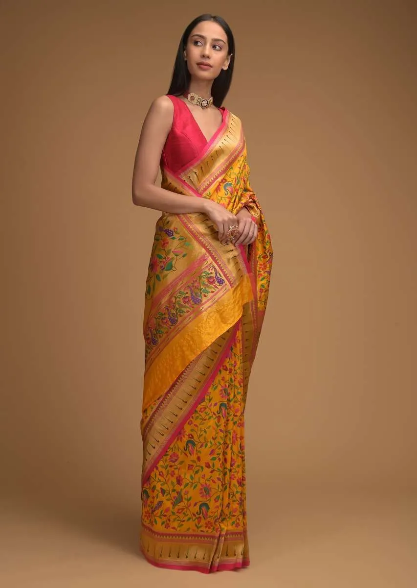 Chrome Yellow Saree In Silk With Colorful Brocade Woven Floral Jaal And Bird Motifs On The Pallu Along With Unstitched Blouse Online - Kalki Fashion