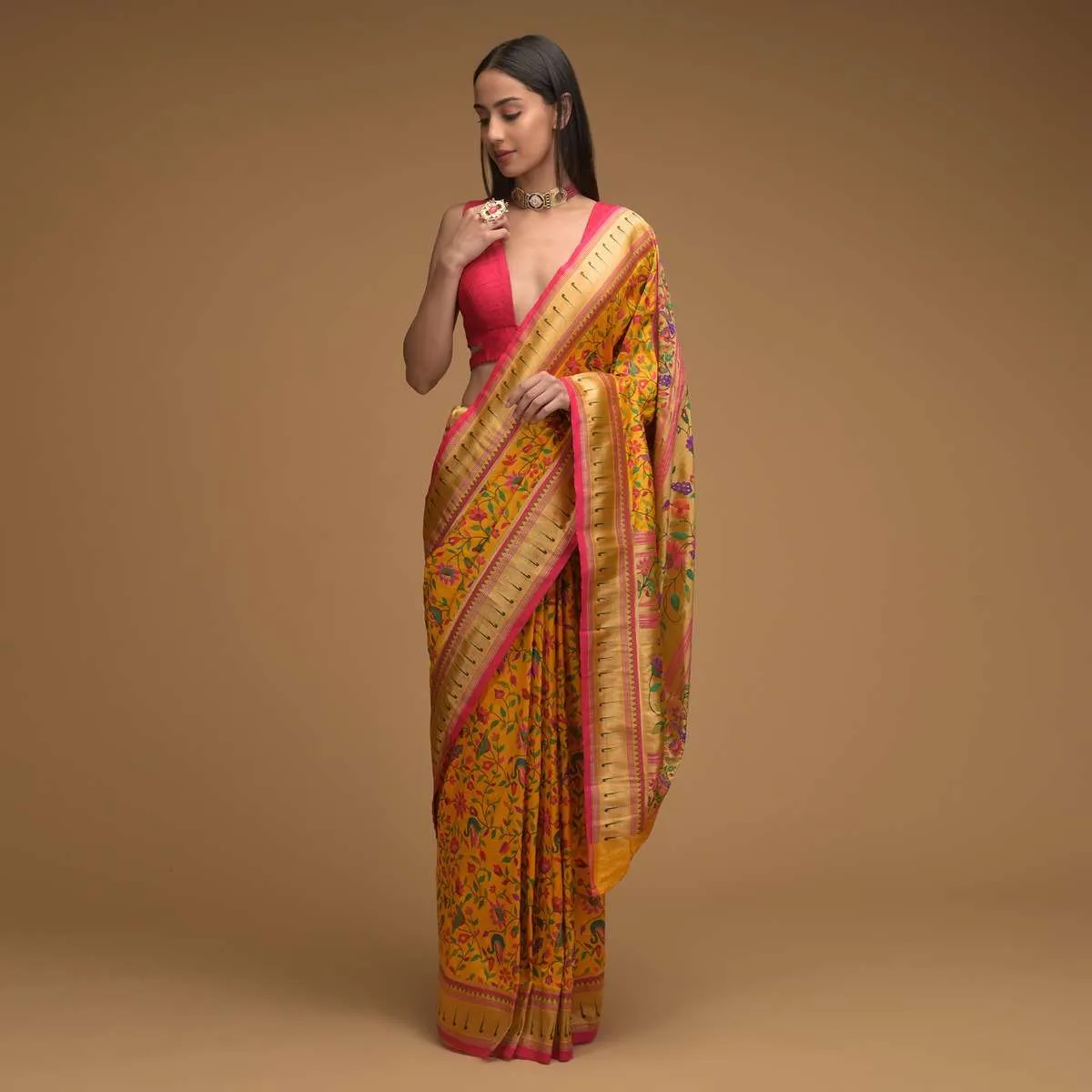 Chrome Yellow Saree In Silk With Colorful Brocade Woven Floral Jaal And Bird Motifs On The Pallu Along With Unstitched Blouse Online - Kalki Fashion