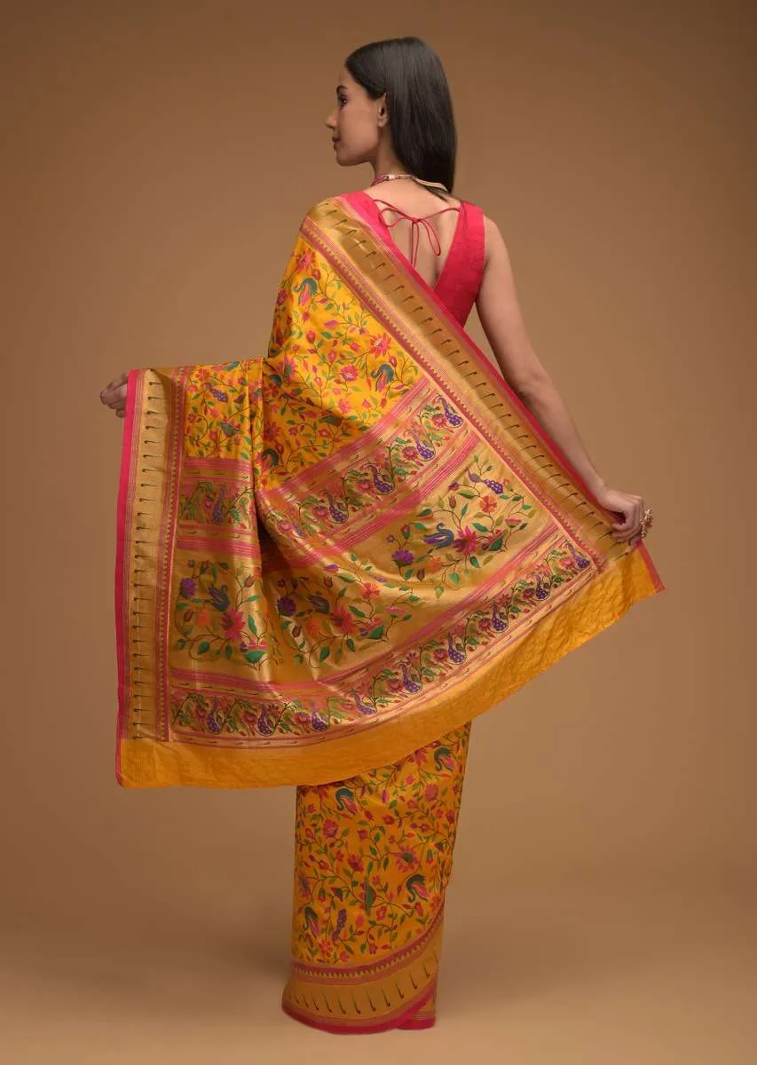 Chrome Yellow Saree In Silk With Colorful Brocade Woven Floral Jaal And Bird Motifs On The Pallu Along With Unstitched Blouse Online - Kalki Fashion