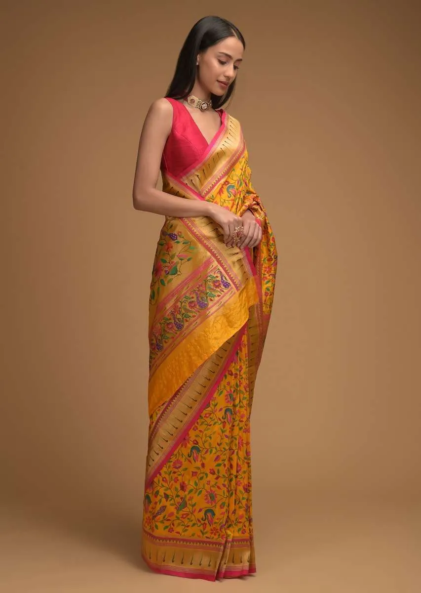 Chrome Yellow Saree In Silk With Colorful Brocade Woven Floral Jaal And Bird Motifs On The Pallu Along With Unstitched Blouse Online - Kalki Fashion