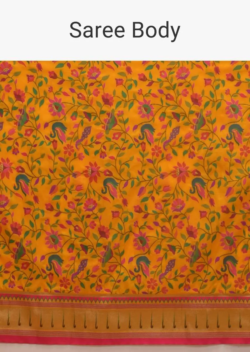 Chrome Yellow Saree In Silk With Colorful Brocade Woven Floral Jaal And Bird Motifs On The Pallu Along With Unstitched Blouse Online - Kalki Fashion