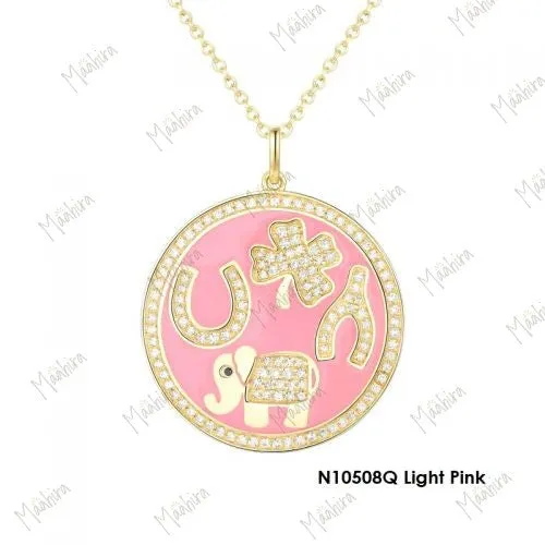Diamond Pink Enamel Good Luck Charm Disc Pendant