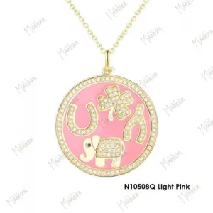 Diamond Pink Enamel Good Luck Charm Disc Pendant