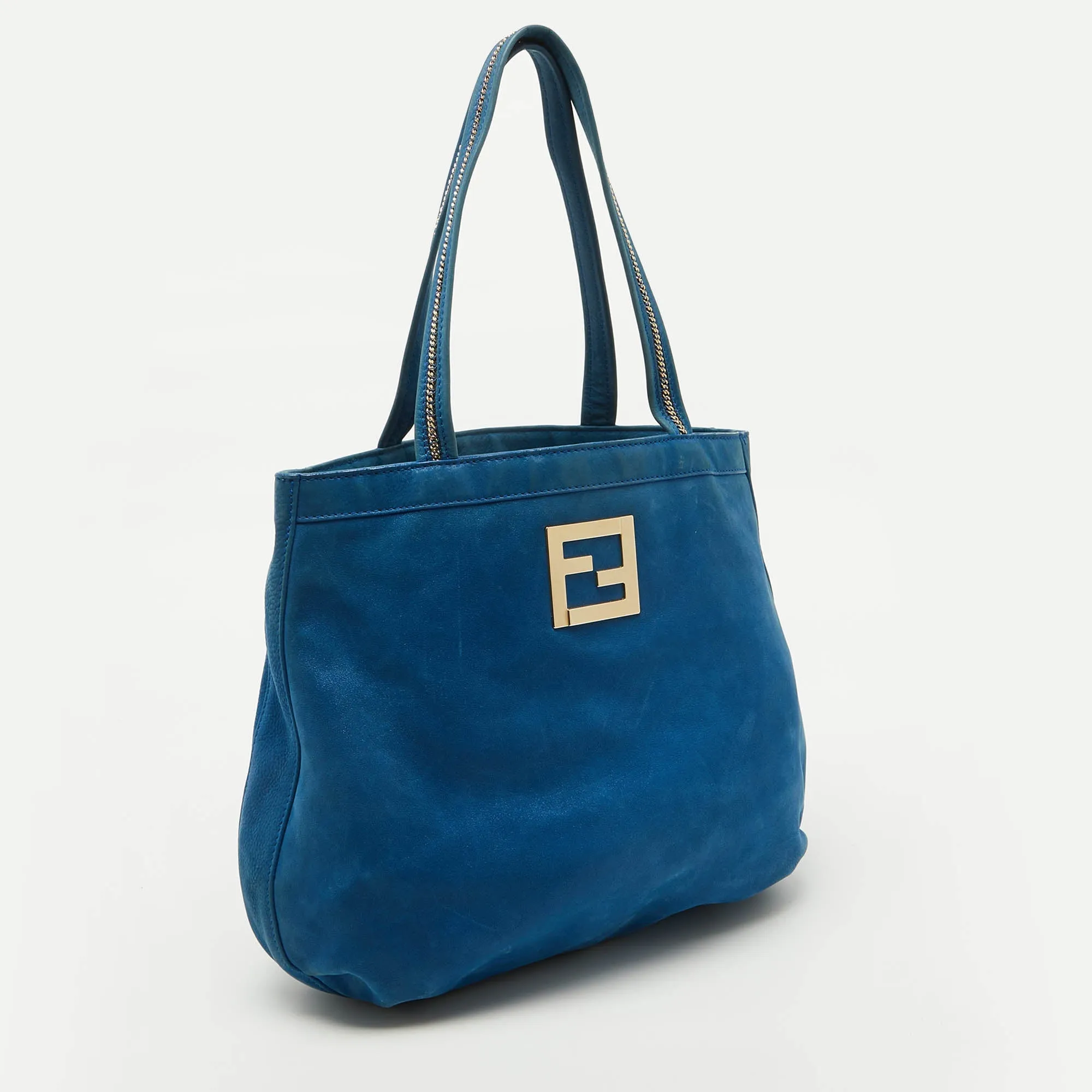 Fendi Metallic Blue Nubuck Leather Ff Tote