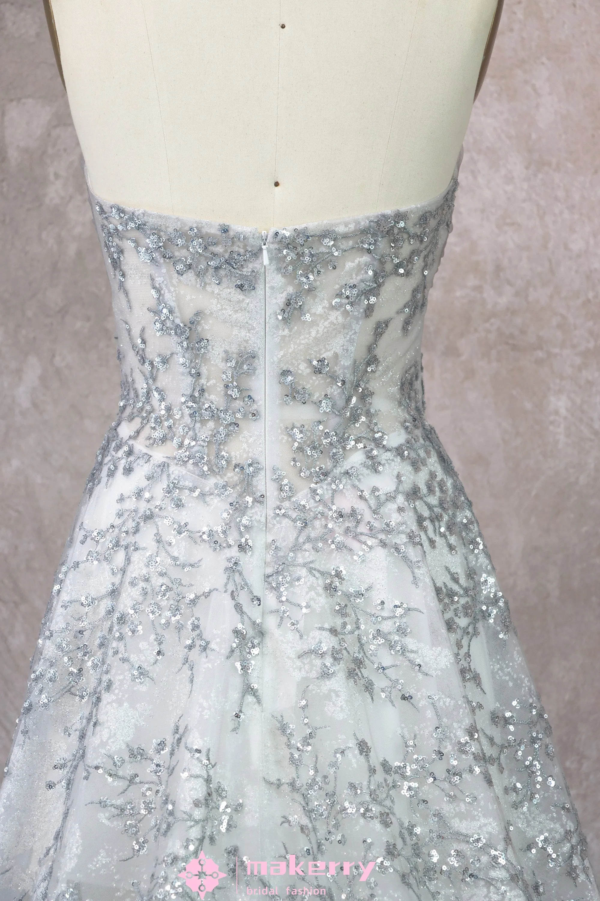 Glittering Silver Wedding Gown With Split