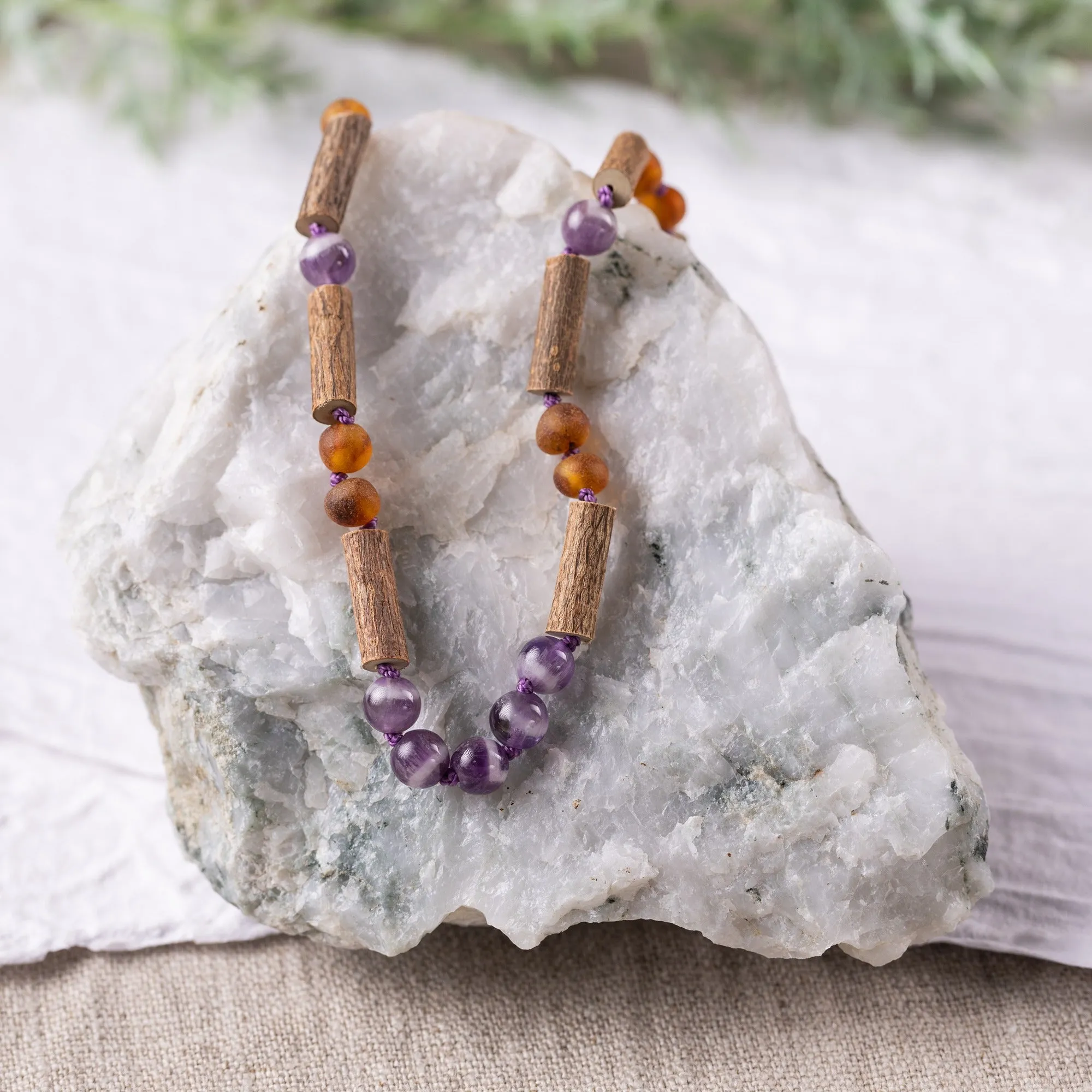 Kids | Amethyst   Raw Cognac Amber Hazelwood Necklace