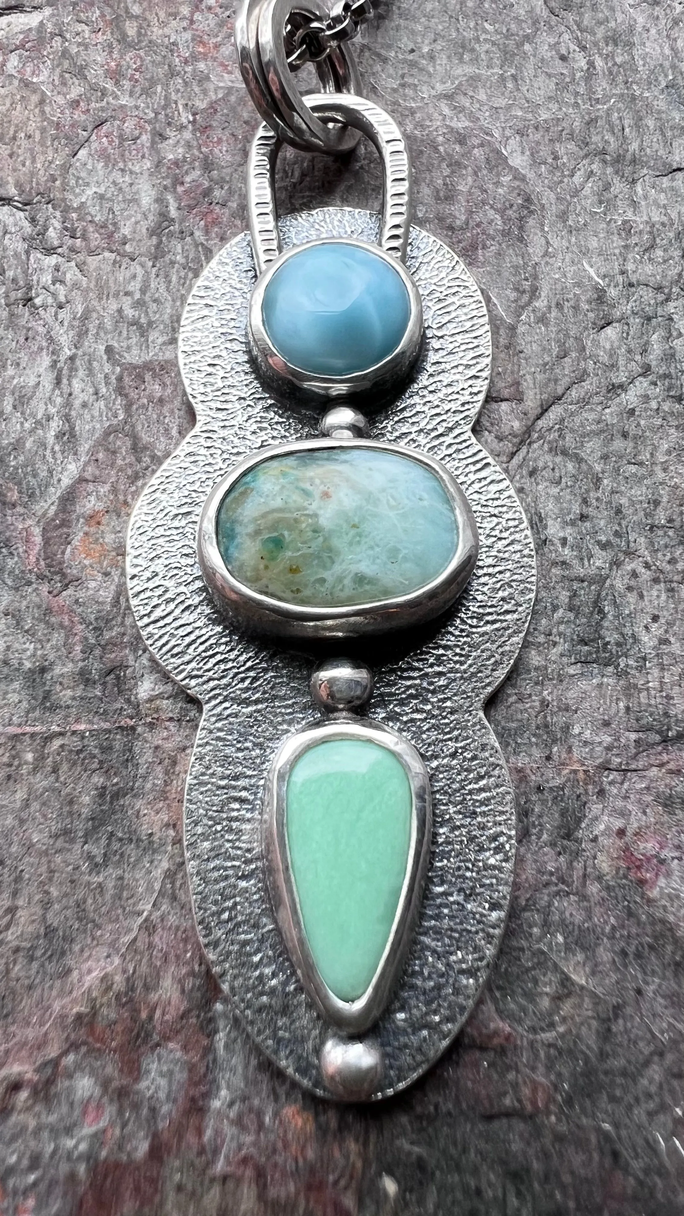 Larimar, Peruvian Opal, and Variscite Sterling Silver Necklace - Handmade One-of-a-kind Pendant on Sterling Silver Chain