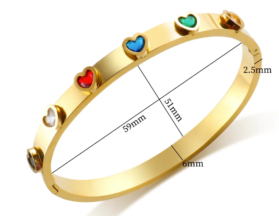 Rainbow Heart Bangle Bracelet with CZ stones