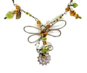 Steampunk Dragonfly Necklace in Green and Amber with Glass Beads, Pearls and Metal Charms, Adjustable Length