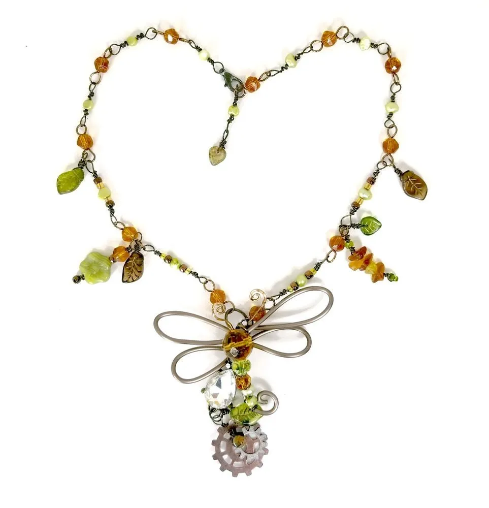 Steampunk Dragonfly Necklace in Green and Amber with Glass Beads, Pearls and Metal Charms, Adjustable Length