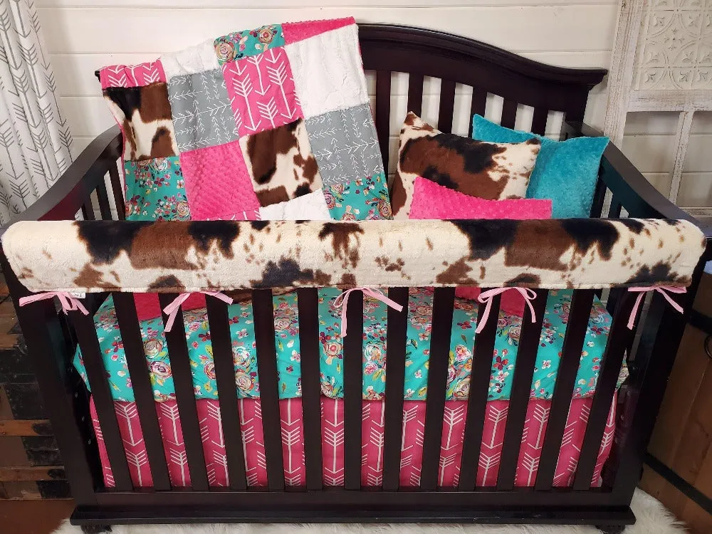 Teal Floral and Cow Minky Western Baby Crib Bedding