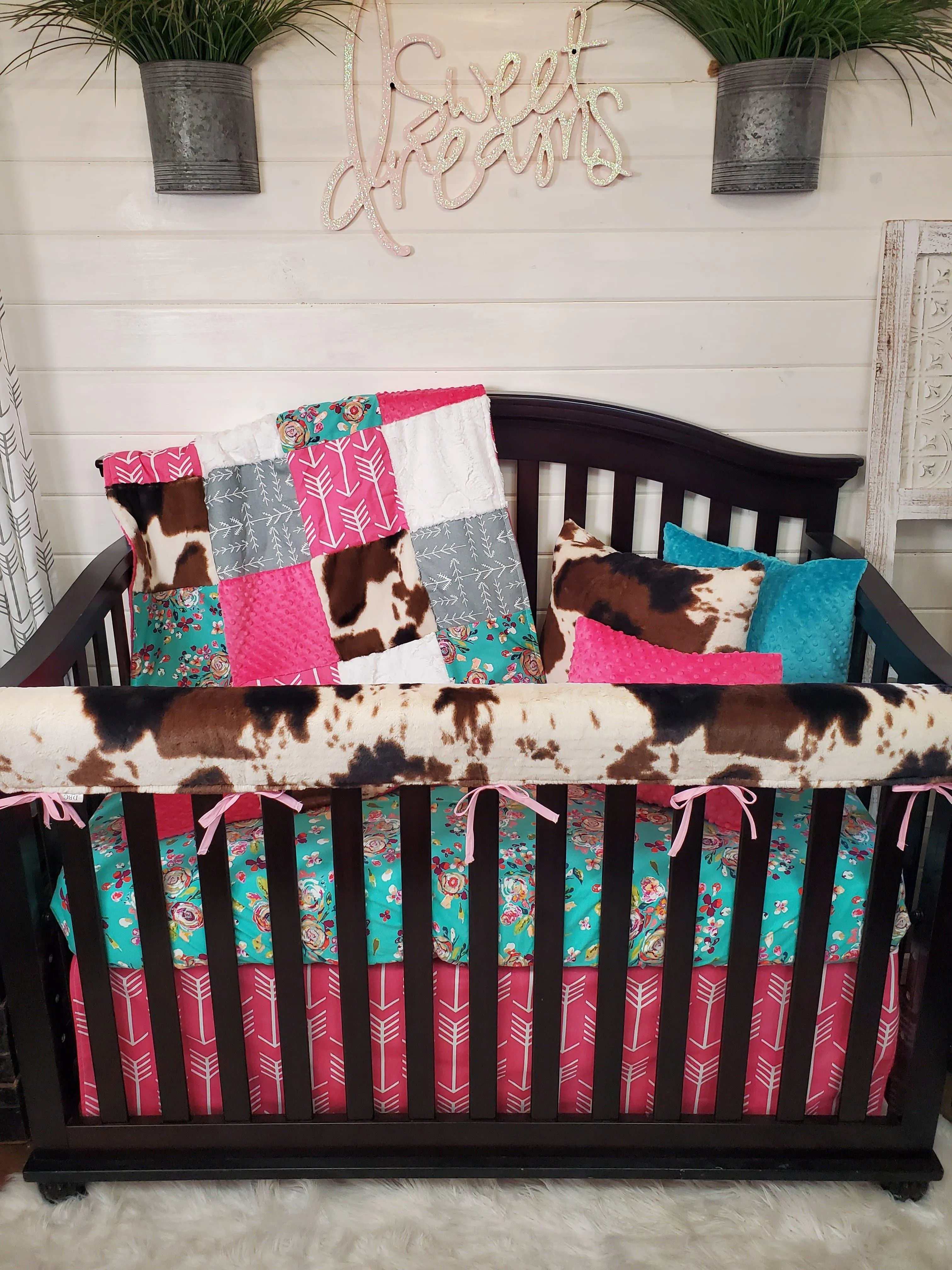 Teal Floral and Cow Minky Western Baby Crib Bedding