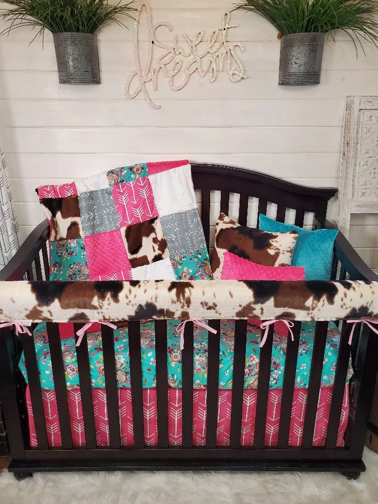 Teal Floral and Cow Minky Western Baby Crib Bedding