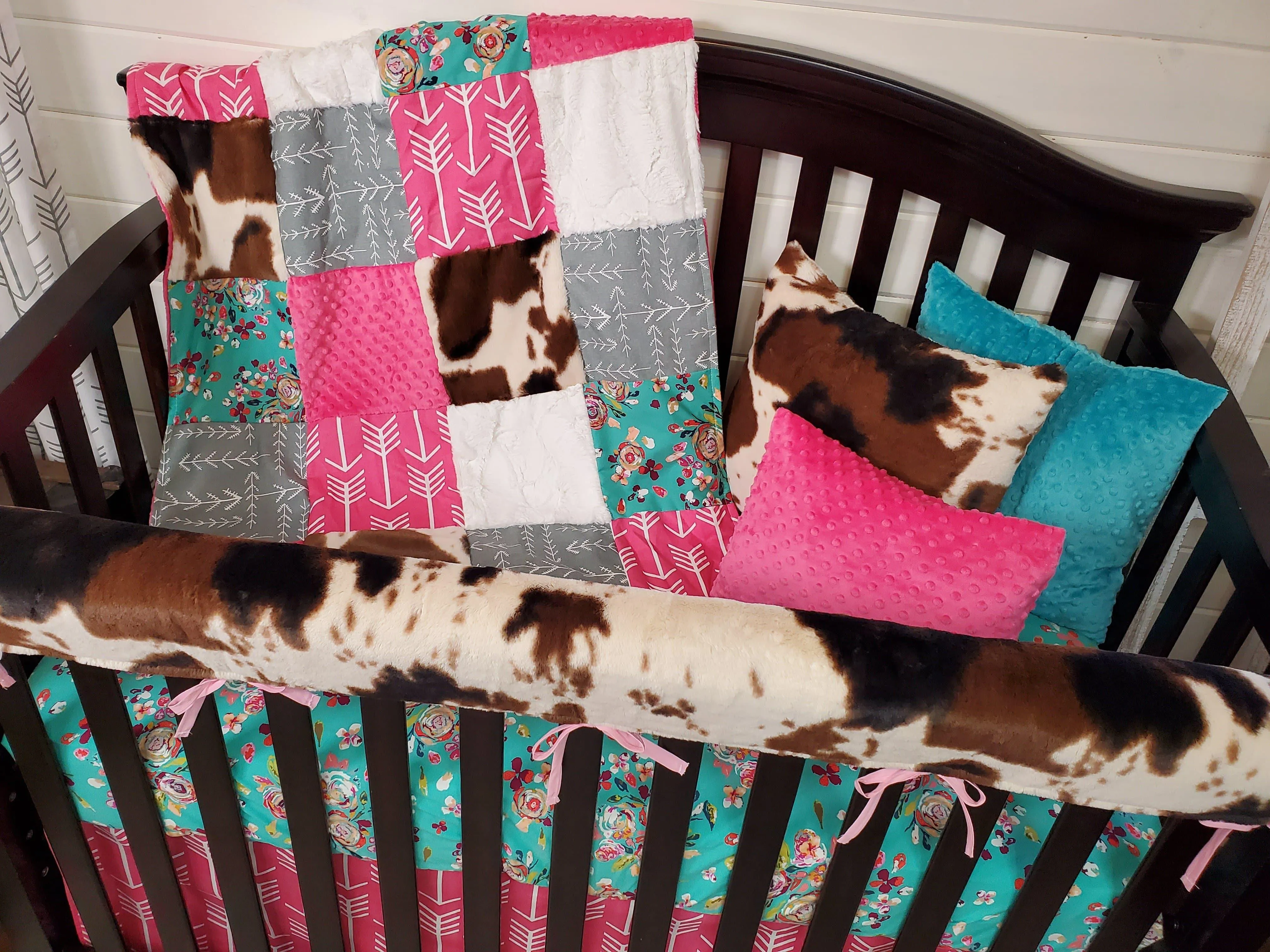 Teal Floral and Cow Minky Western Baby Crib Bedding
