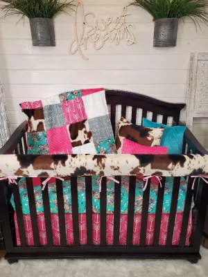 Teal Floral and Cow Minky Western Baby Crib Bedding